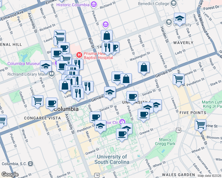 map of restaurants, bars, coffee shops, grocery stores, and more near in Columbia