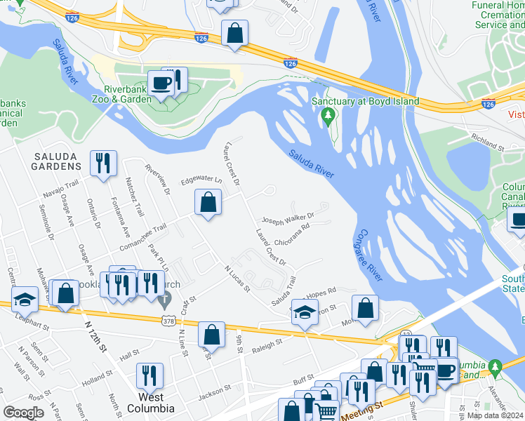 map of restaurants, bars, coffee shops, grocery stores, and more near 100 Joseph Walker Drive in West Columbia