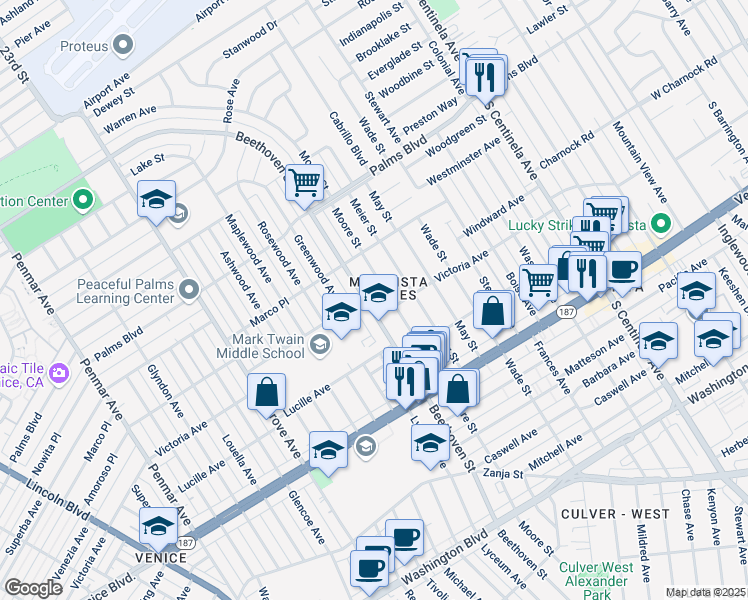 map of restaurants, bars, coffee shops, grocery stores, and more near 3658 Beethoven Street in Los Angeles