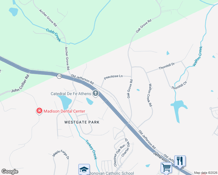 map of restaurants, bars, coffee shops, grocery stores, and more near 6290 Old Jefferson Road in Athens