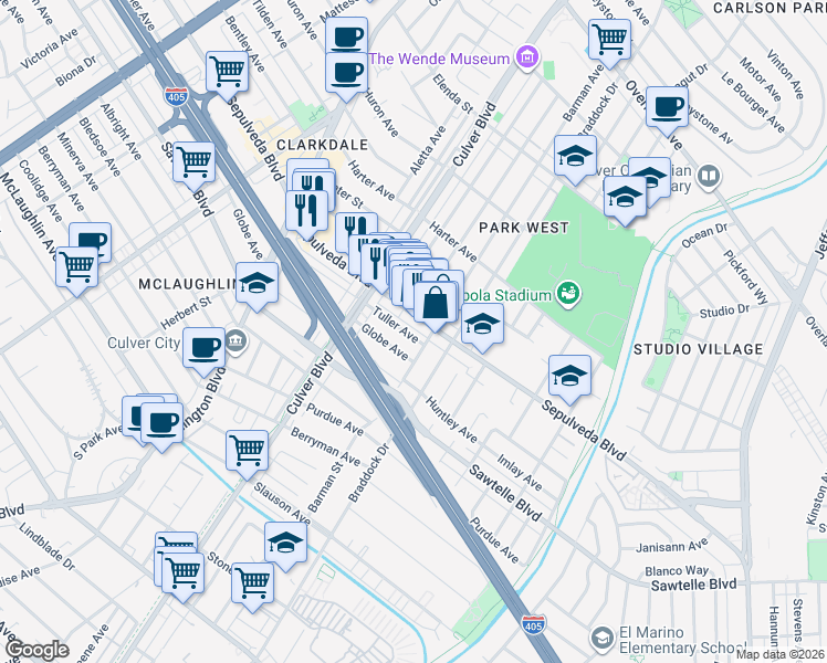 map of restaurants, bars, coffee shops, grocery stores, and more near 4347 Sepulveda Boulevard in Culver City