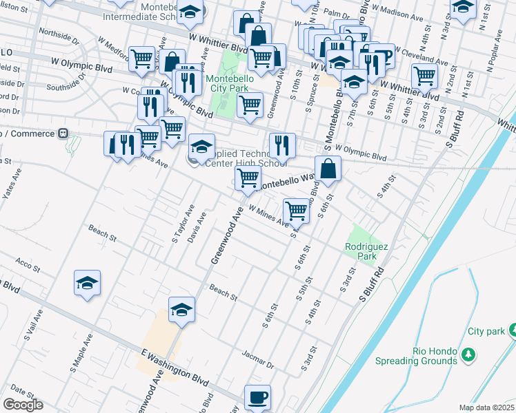 map of restaurants, bars, coffee shops, grocery stores, and more near 862 West Mines Avenue in Montebello