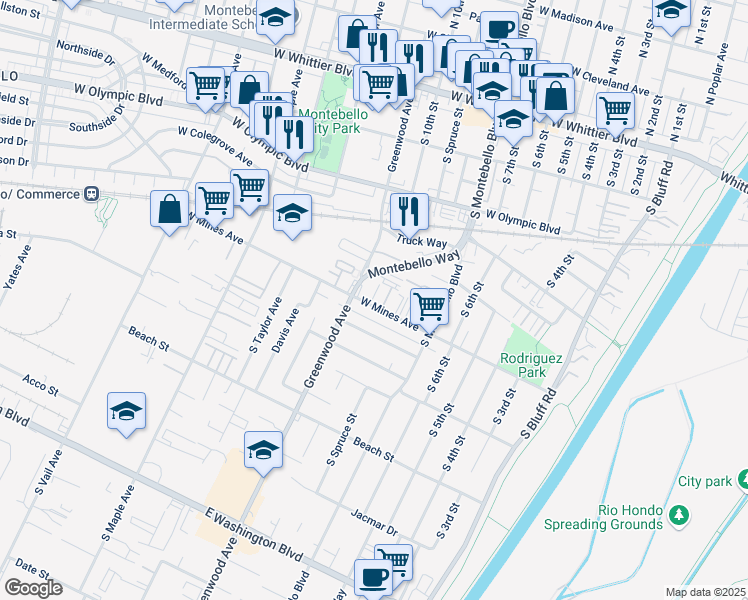 map of restaurants, bars, coffee shops, grocery stores, and more near 862 West mines Avenue in Montebello