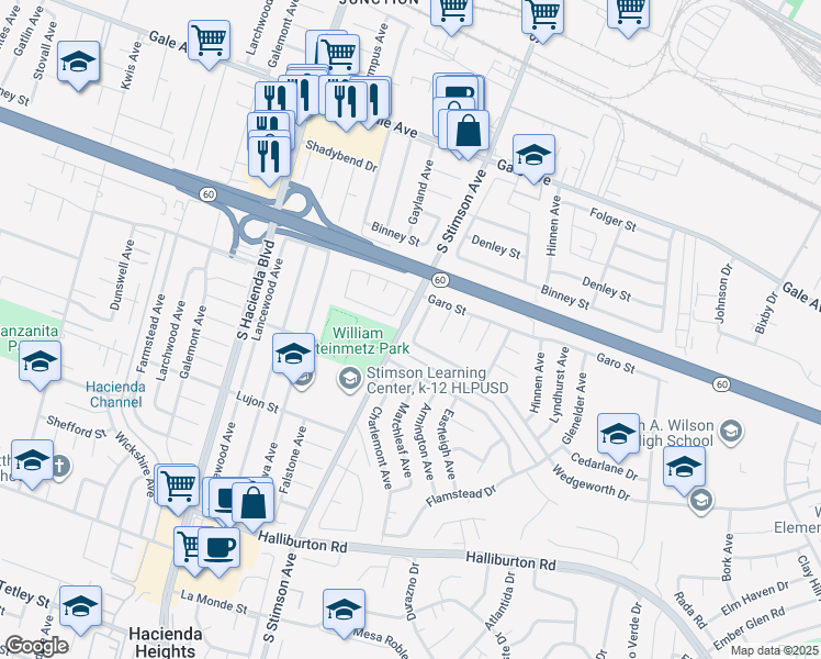 map of restaurants, bars, coffee shops, grocery stores, and more near 1439 Charlemont Avenue in Hacienda Heights