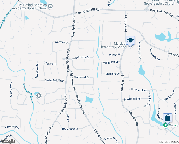map of restaurants, bars, coffee shops, grocery stores, and more near 2207 Cedar Forks Drive in Marietta