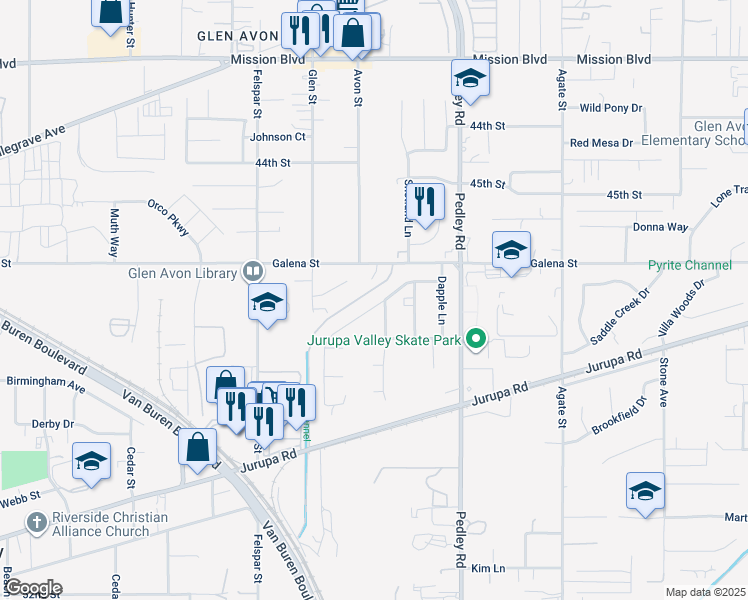 map of restaurants, bars, coffee shops, grocery stores, and more near 8963 Bold Ruler Lane in Riverside