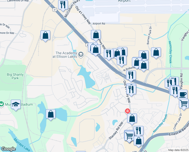 map of restaurants, bars, coffee shops, grocery stores, and more near 1795 Waterside Drive in Kennesaw