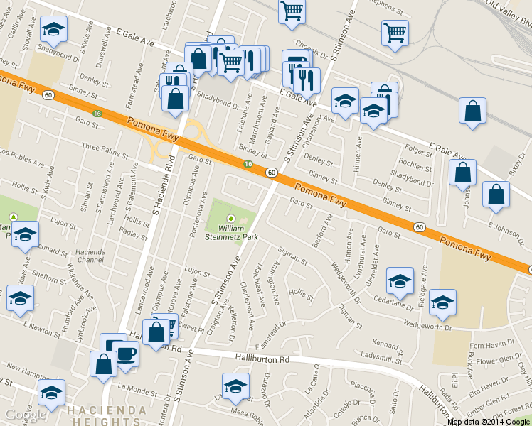 map of restaurants, bars, coffee shops, grocery stores, and more near 1439 Charlemont Avenue in Hacienda Heights