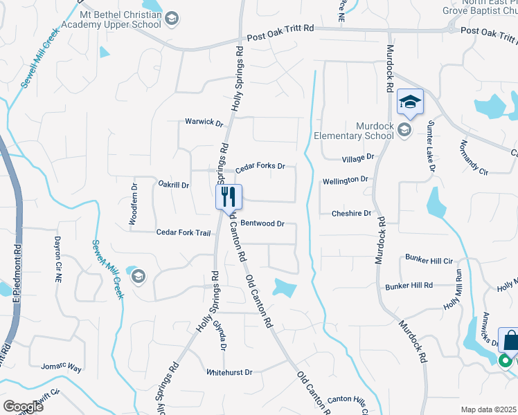 map of restaurants, bars, coffee shops, grocery stores, and more near 2223 Cedar Forks Drive in Marietta