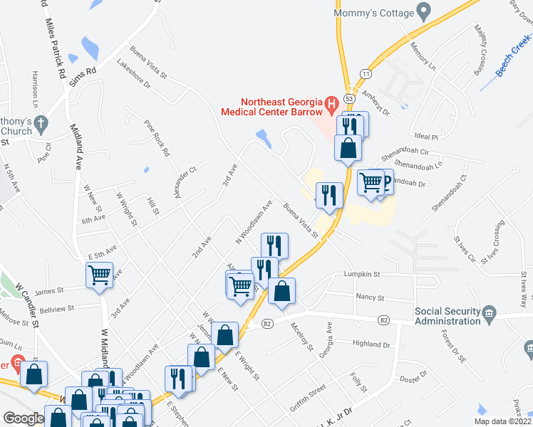 map of restaurants, bars, coffee shops, grocery stores, and more near 265 North Woodlawn Avenue in Winder