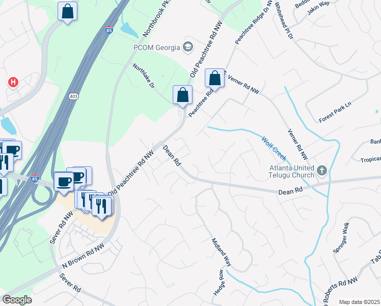 map of restaurants, bars, coffee shops, grocery stores, and more near 1262 Birkhall Way Northwest in Lawrenceville