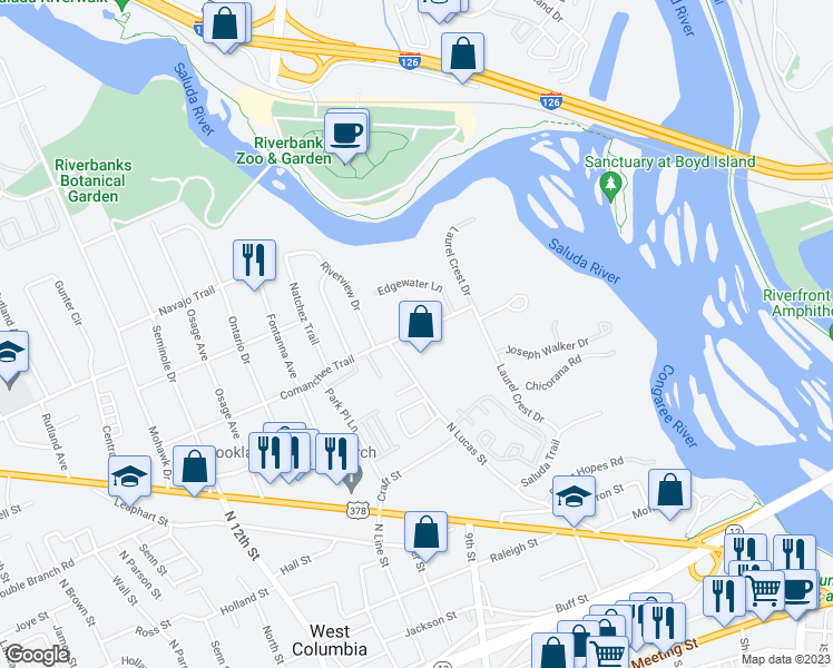 map of restaurants, bars, coffee shops, grocery stores, and more near 913A Comanchee Trail in West Columbia