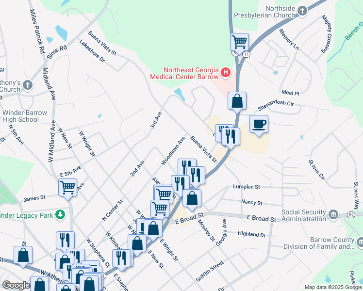 map of restaurants, bars, coffee shops, grocery stores, and more near 265 Woodlawn Avenue in Winder