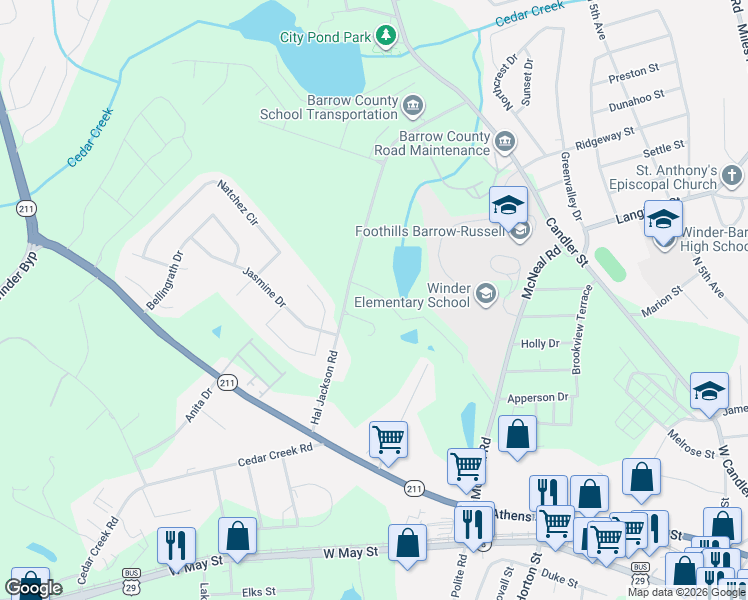 map of restaurants, bars, coffee shops, grocery stores, and more near 179 Hal Jackson Road in Winder