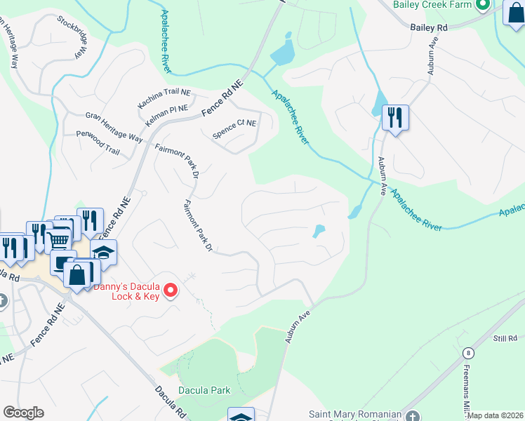 map of restaurants, bars, coffee shops, grocery stores, and more near 2552 Carleton Gold Road in Dacula
