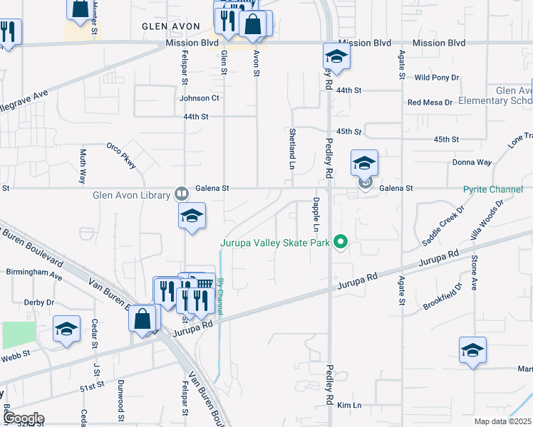 map of restaurants, bars, coffee shops, grocery stores, and more near 8963 Bold Ruler Lane in Riverside