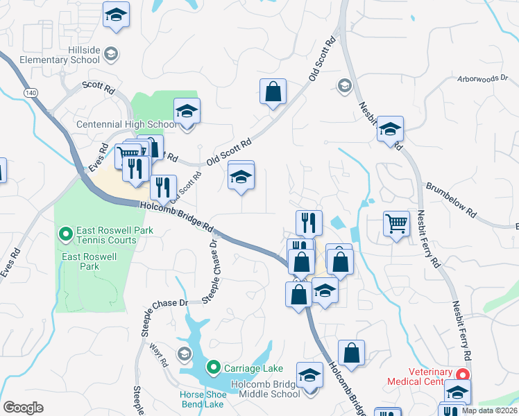 map of restaurants, bars, coffee shops, grocery stores, and more near 100 Gunlock Trce in Roswell