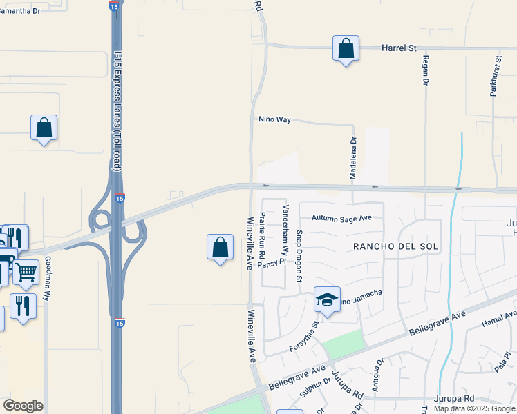 map of restaurants, bars, coffee shops, grocery stores, and more near 4659 Prairie Run Road in Jurupa Valley