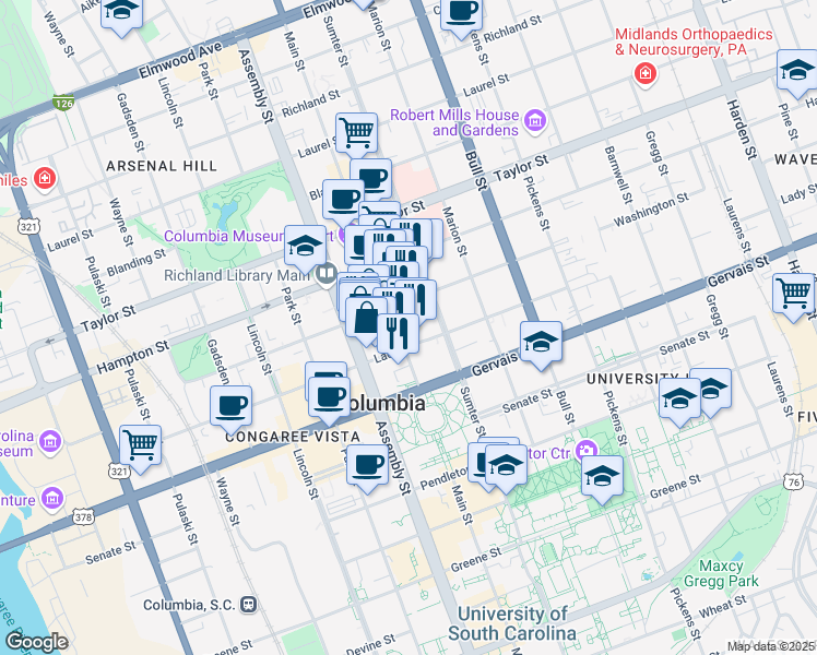 map of restaurants, bars, coffee shops, grocery stores, and more near 1328 Main Street in Columbia
