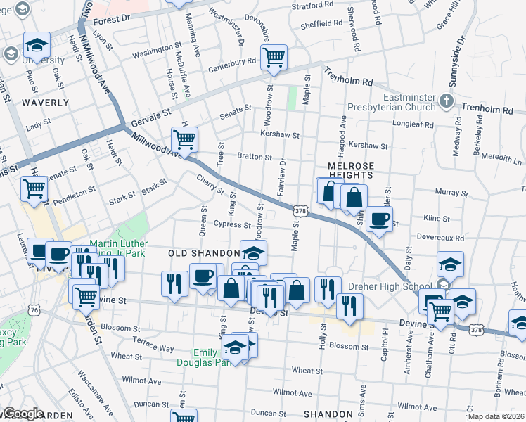 map of restaurants, bars, coffee shops, grocery stores, and more near 34 Old Shandon Circle in Columbia