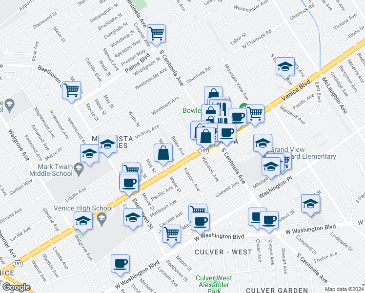 map of restaurants, bars, coffee shops, grocery stores, and more near 3774 Boise Avenue in Los Angeles