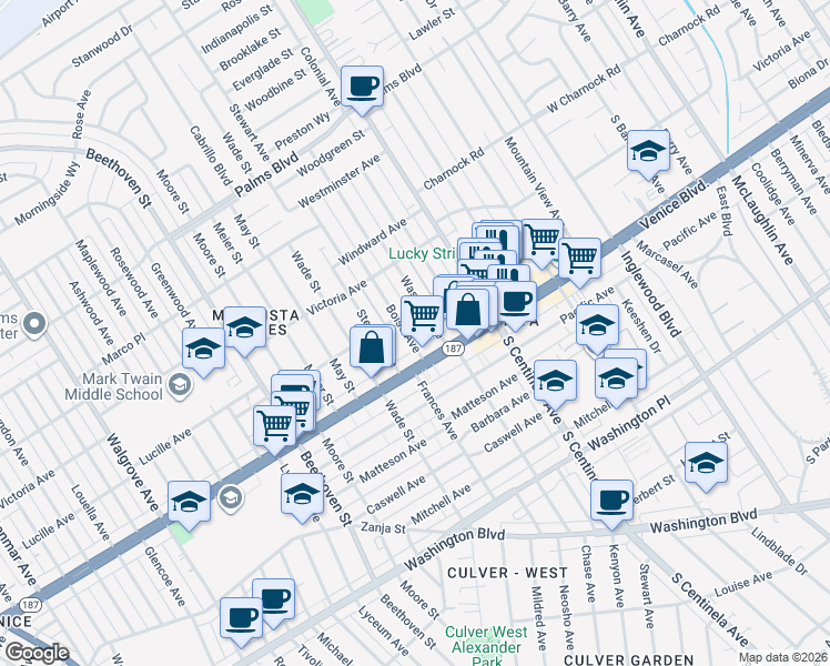 map of restaurants, bars, coffee shops, grocery stores, and more near 3774 Boise Avenue in Los Angeles