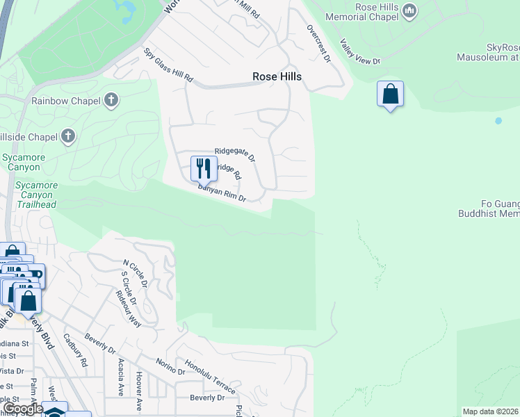 map of restaurants, bars, coffee shops, grocery stores, and more near 4807 Cinco View Drive in Whittier