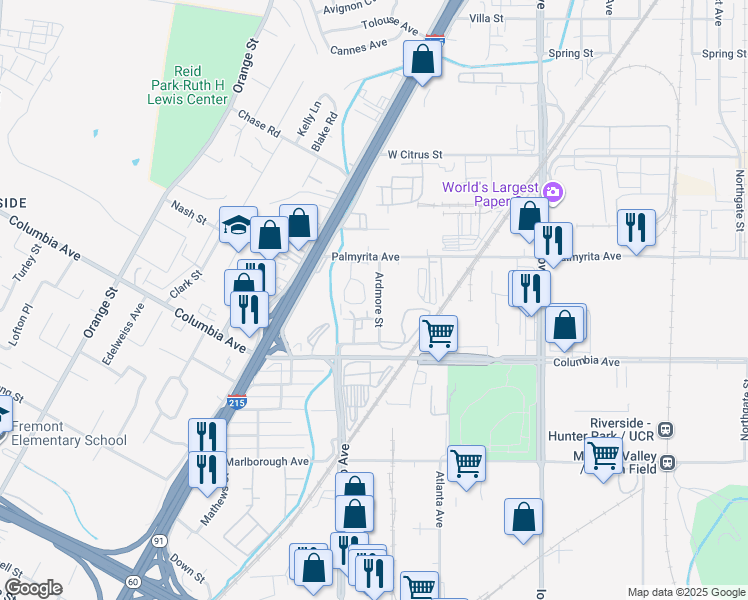 map of restaurants, bars, coffee shops, grocery stores, and more near 1073 Ardmore Street in Riverside