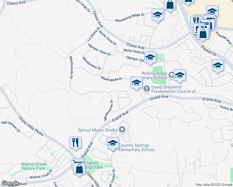 map of restaurants, bars, coffee shops, grocery stores, and more near 13762 Evening Terrace Drive in Chino Hills