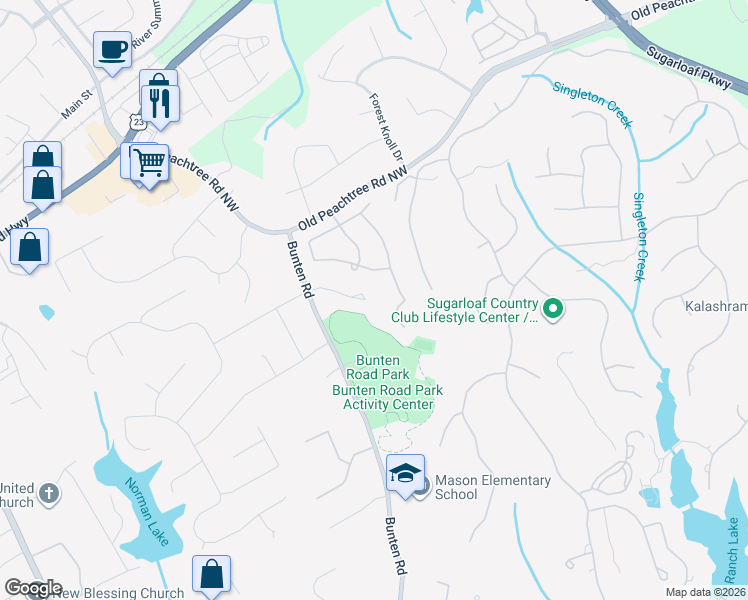 map of restaurants, bars, coffee shops, grocery stores, and more near 2439 Parcview Run Cove Northwest in Duluth