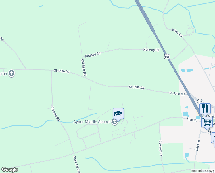 map of restaurants, bars, coffee shops, grocery stores, and more near 411 Saint John Road in Galivants Ferry