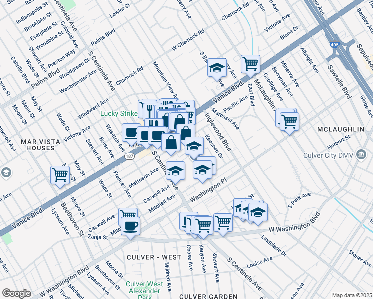 map of restaurants, bars, coffee shops, grocery stores, and more near 3865 Grand View Boulevard in Los Angeles