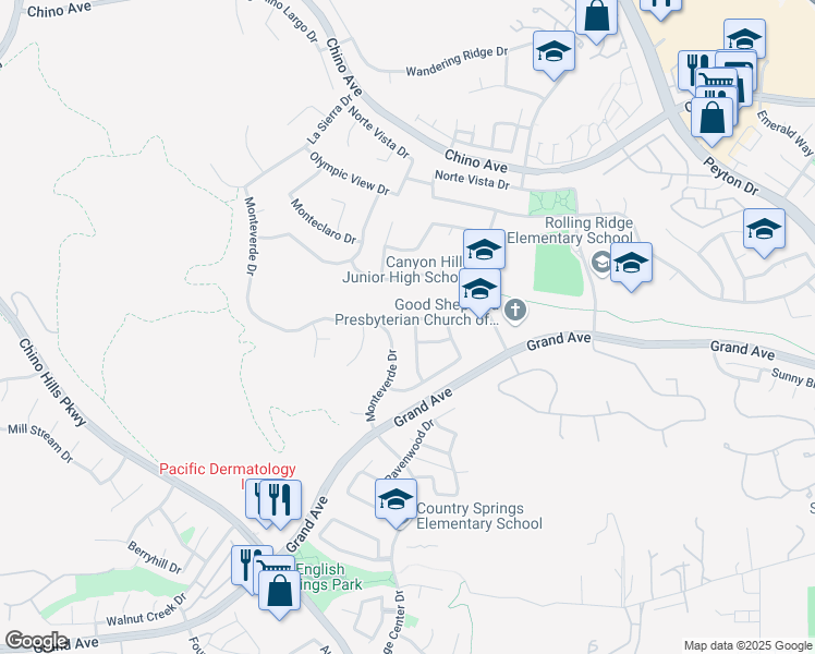 map of restaurants, bars, coffee shops, grocery stores, and more near 13762 Evening Terrace Drive in Chino Hills