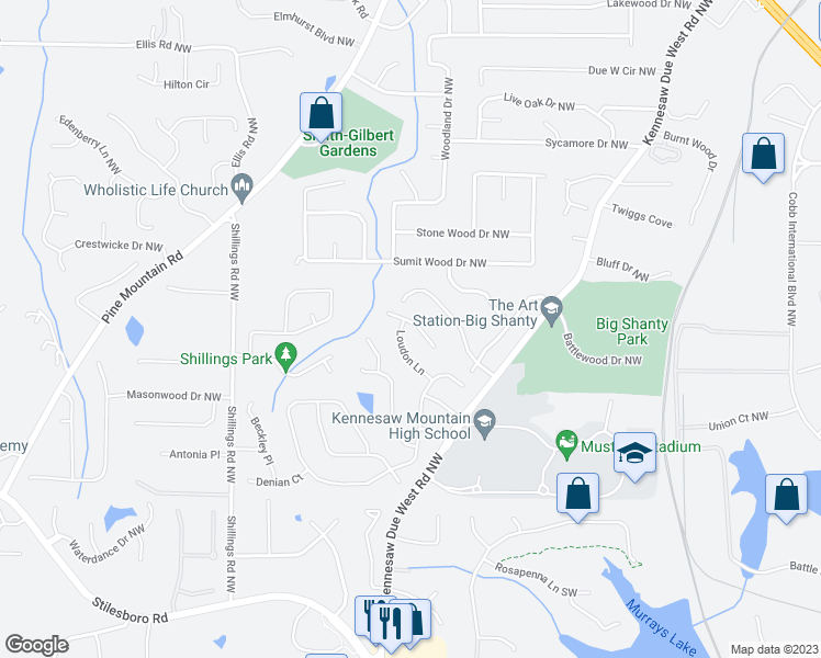 map of restaurants, bars, coffee shops, grocery stores, and more near 2218 Loudon Lane in Kennesaw