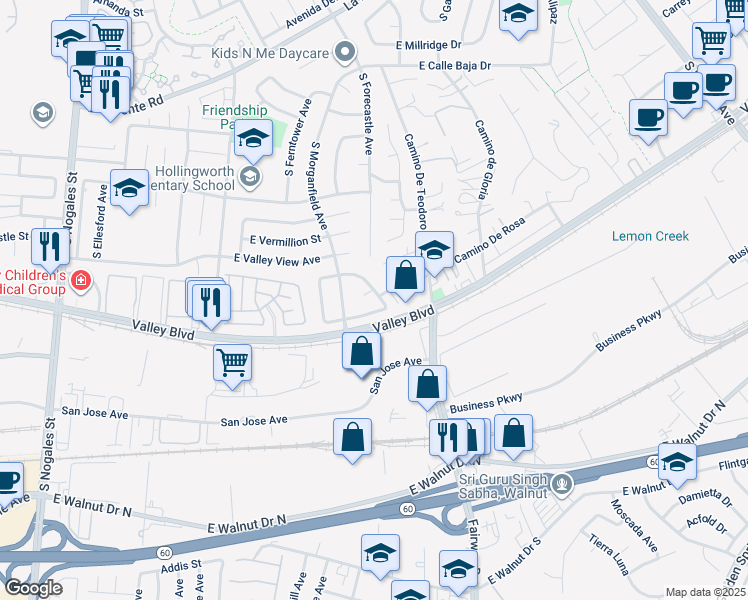 map of restaurants, bars, coffee shops, grocery stores, and more near 3248 East Point Cedar Drive in West Covina