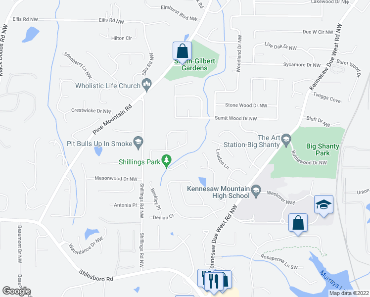 map of restaurants, bars, coffee shops, grocery stores, and more near 2165 Shillings Chase Drive in Kennesaw