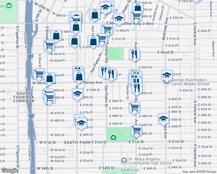 map of restaurants, bars, coffee shops, grocery stores, and more near 4416 San Pedro Street in Los Angeles