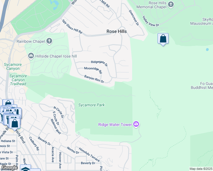map of restaurants, bars, coffee shops, grocery stores, and more near 4803 Cinco View Drive in Whittier