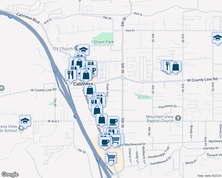 map of restaurants, bars, coffee shops, grocery stores, and more near 532 Erwin Street in Calimesa
