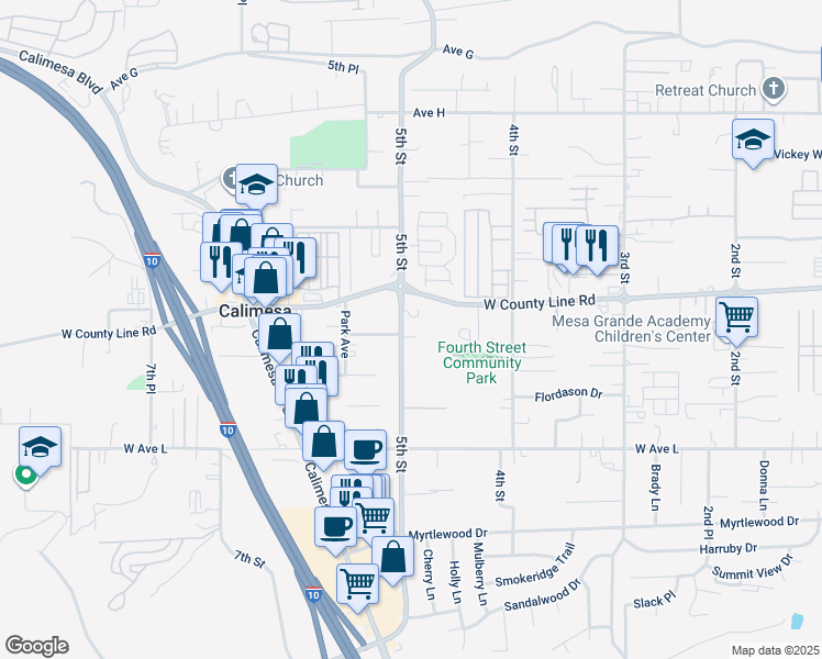 map of restaurants, bars, coffee shops, grocery stores, and more near 479 West County Line Road in Calimesa