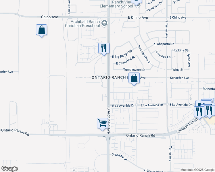 map of restaurants, bars, coffee shops, grocery stores, and more near 13708 South Archibald Avenue in Ontario