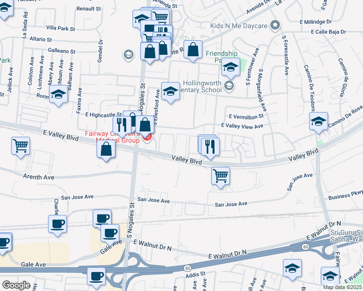 map of restaurants, bars, coffee shops, grocery stores, and more near 2817 Valley Boulevard in West Covina