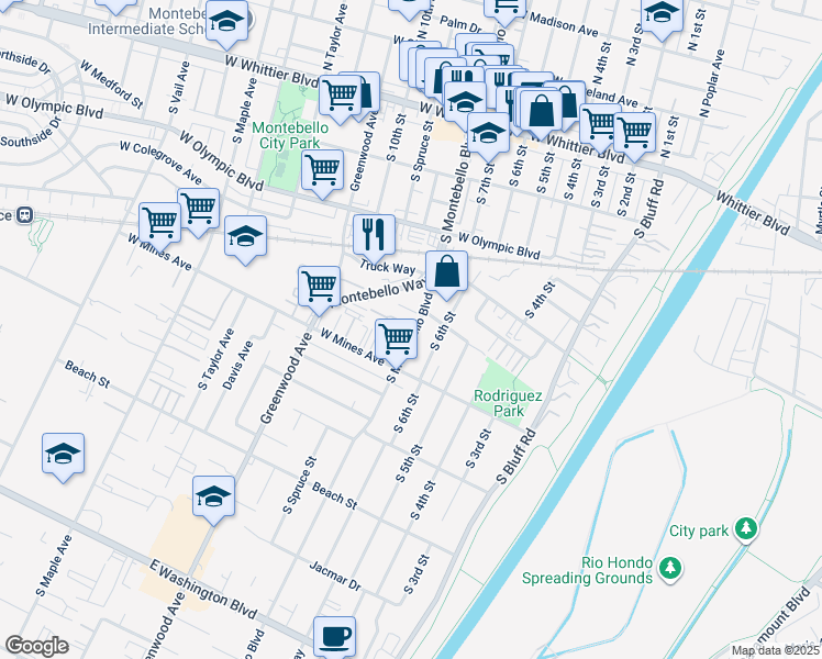 map of restaurants, bars, coffee shops, grocery stores, and more near 500 South Montebello Boulevard in Montebello