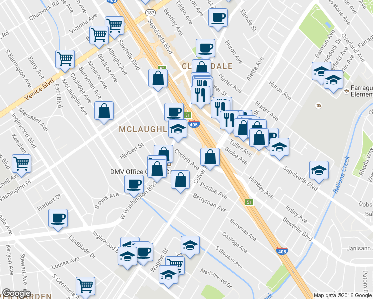 map of restaurants, bars, coffee shops, grocery stores, and more near 4250 Sawtelle Boulevard in Los Angeles