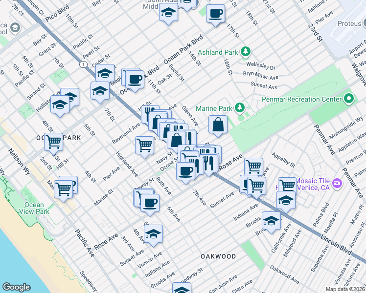 map of restaurants, bars, coffee shops, grocery stores, and more near 1018 Marine Street in Santa Monica