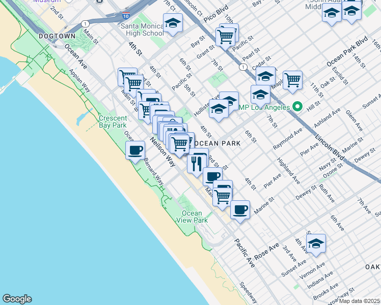 map of restaurants, bars, coffee shops, grocery stores, and more near 2513 2nd Street in Santa Monica