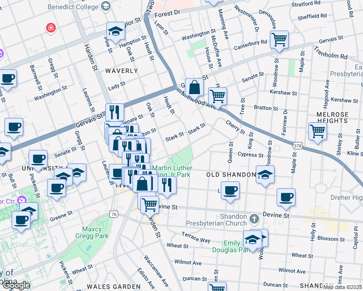 map of restaurants, bars, coffee shops, grocery stores, and more near 2312 Stark Street in Columbia
