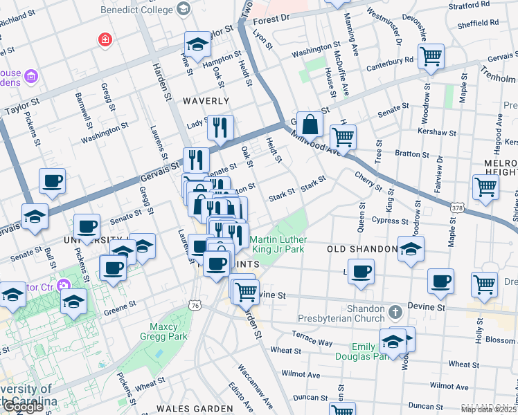 map of restaurants, bars, coffee shops, grocery stores, and more near 911 Oak Street in Columbia