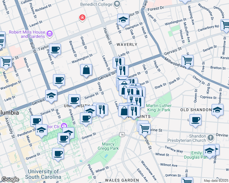 map of restaurants, bars, coffee shops, grocery stores, and more near 2006 Senate Street in Columbia