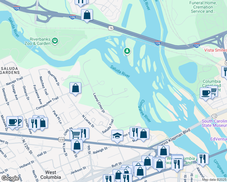 map of restaurants, bars, coffee shops, grocery stores, and more near 100 Joseph Walker Drive in West Columbia